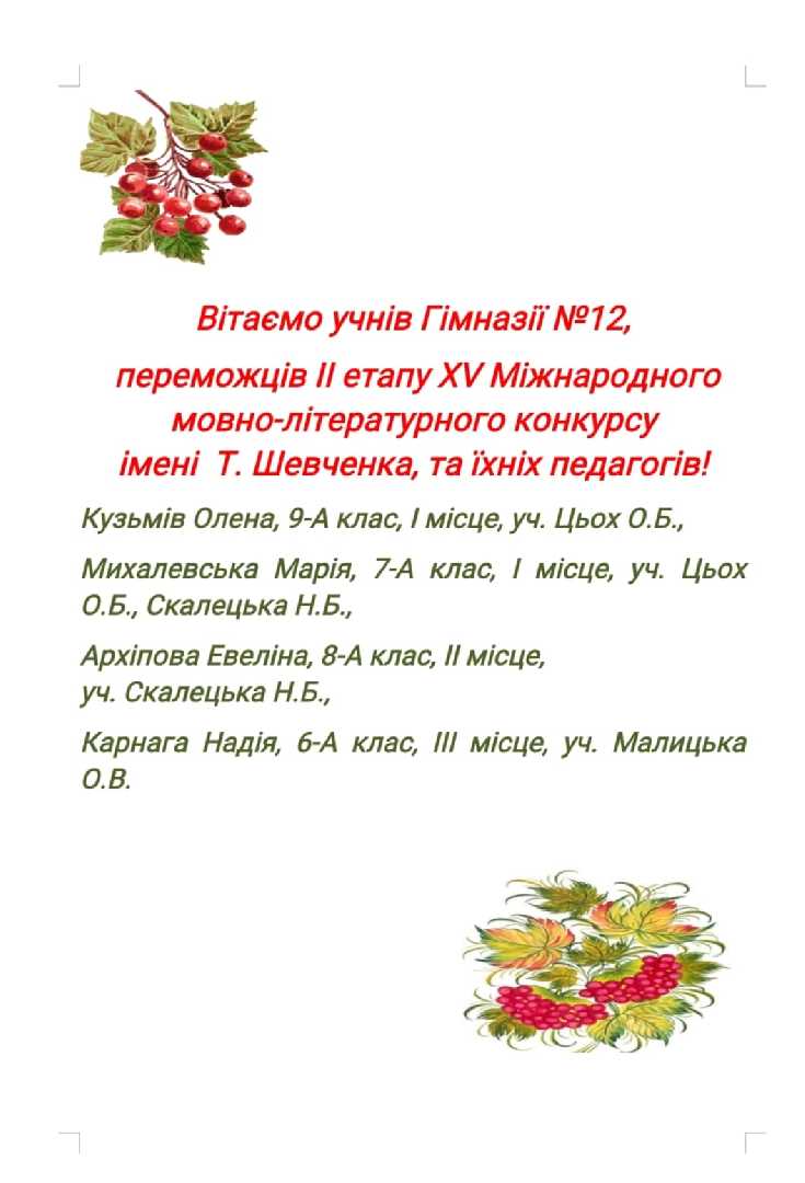 Вітаємо учнів переможців ІІ етапу XV Міжнародного мовно-літературного конкурсу імені Тараса Шевченка !!!