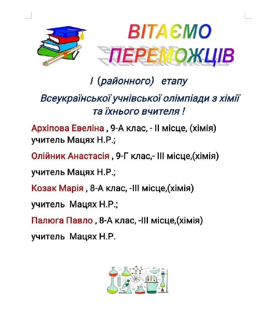 Вітаємо учнів, переможців І (районного) етапу Всеукраїнської учнівської олімпіади з хімії, та їхнього вчителя!