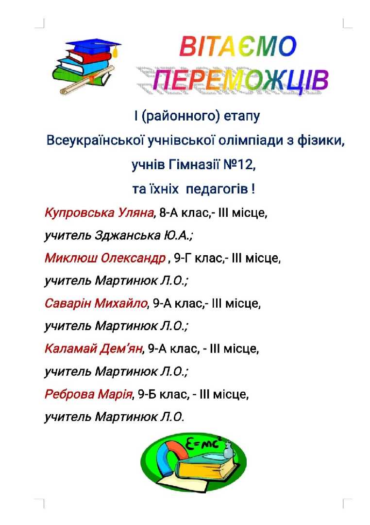 Вітаємо учнів, переможців І (районного) етапу Всеукраїнської учнівської олімпіади з фізики, та їхніх учителів!