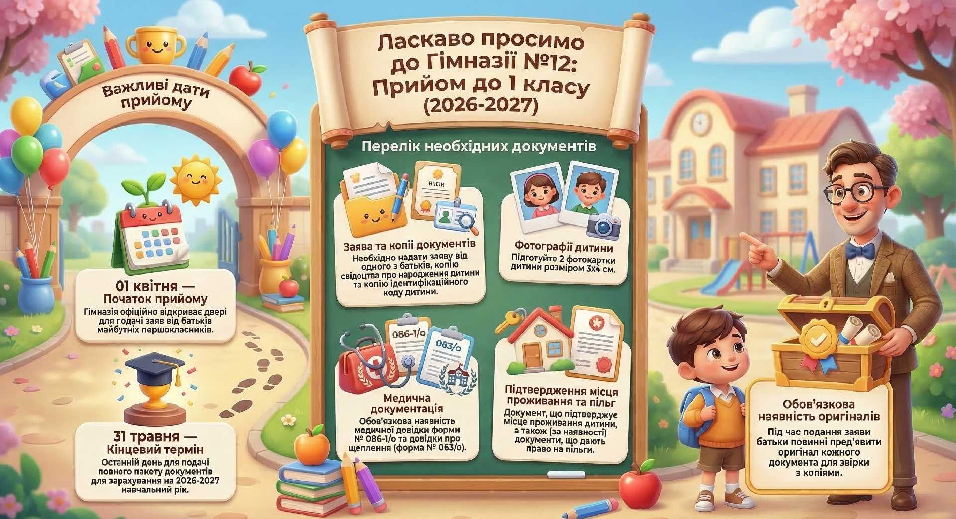 Увага! Оголошення про прийом до 1 класу на 2026/2027 навчальний рік.