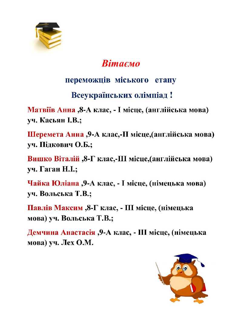 Вітаємо  переможців міського етапу Всеукраїнських олімпіад!
