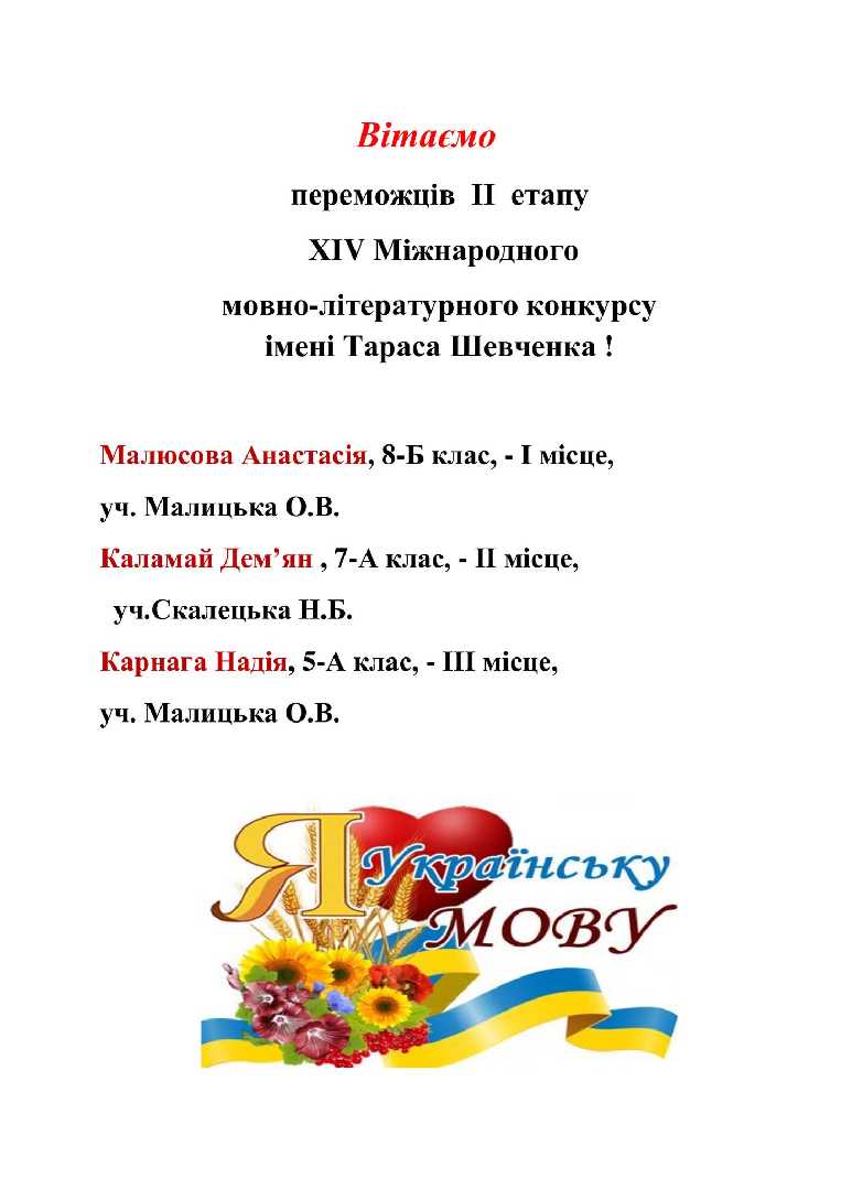 Вітаємо переможців  Міжнародного мовно-літературного конкурсу імені Тараса Шевченка!