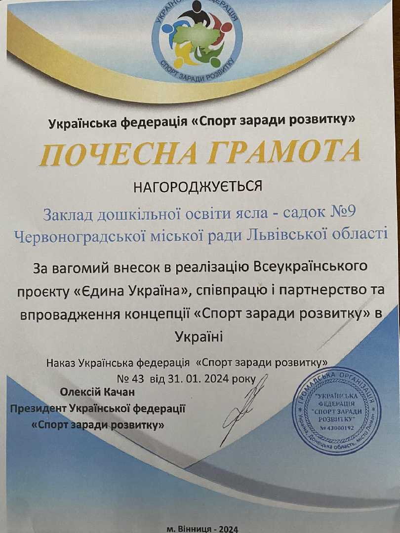Золота відзнака від спортивної федерації 